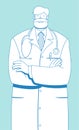 Outline portrait of young male doctor with crossed arms, white coat and stethoscope. Smiling doctor in cartoon style. Royalty Free Stock Photo