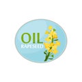 Blue oval sticker with bright-yellow rapeseed flower and text. Healthy product. Design for label of oil bottle or promo Royalty Free Stock Photo