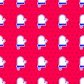 Blue Oven glove icon isolated seamless pattern on red background. Kitchen potholder sign. Cooking glove. Vector Royalty Free Stock Photo