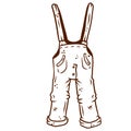Overalls for the worker. Denim Clothing with pockets. The gardener and farmer element. Drawn cartoon illustration