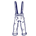 Overalls for the worker. Denim Clothing with pockets. The gardener and farmer element. Drawn cartoon illustration