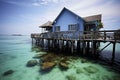 blue overwater bungalow with a thatched roof, perched on stilts in a tropical location over a turquoise ocean. ai generative