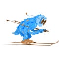 Blue owl rides on skis on snow in winter drawing