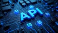 Blue A P I text on dark circuit board with glowing lines and icons technology Royalty Free Stock Photo