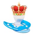 Blue pacifier with golden crown. Royal baby concept, 3D rendering Royalty Free Stock Photo