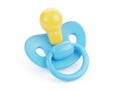 Blue pacifier with yellow handle isolated on white background Royalty Free Stock Photo