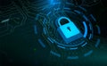 Blue padlock and HUD circle elements on microchip background