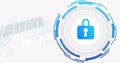 Blue padlock icon orbiting in digital interface, with circuit and data lines and shapes, copy space Royalty Free Stock Photo