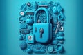 a blue padlock surrounded by various items and a clock on a blue background with a shadow of a key Royalty Free Stock Photo