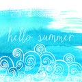 Blue paint with doodle waves and text hello