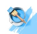 Blue paint tin can with brush on top on a white background with Royalty Free Stock Photo