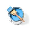Blue paint in tin can with brush on top on a white background Royalty Free Stock Photo