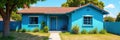 Blue paint transforms a quaint house, sunny day scene , tree, real estate Royalty Free Stock Photo