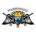 Blue paintball mask with crown and crossed guns between wings on white background. Sport logo for any team or tournament isolated