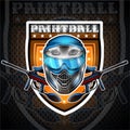 Blue paintball mask with guns in the center of shield. Sport logo for any team or tournament on black