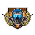 Blue paintball mask with guns in the center of wreath on shield. Sport logo for any team or tournament on white