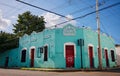 Blue-painted building in the streets of Merida, Mexico