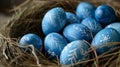 Blue painted Easter eggs are neatly arranged in a nest.