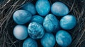 Blue painted Easter eggs are neatly arranged in a nest.