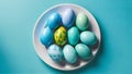 Blue painted eggs arranged on plate, top view Easter composition Royalty Free Stock Photo