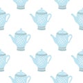 Blue painted porcelain teapots seamless pattern