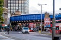 Blue Painted Railway Bridge Crossing A Busy London Street In Waterloo Central London