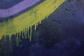 Blue painted stucco concrete with leaking traces of yellow paint. Abstract old grunge wall texture banner background Royalty Free Stock Photo
