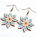 Blue Painted Wood Snowflake Earrings With Engraved Ornaments