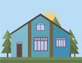 Blue painted Wooden house facade in the forrest. Vector illustration sunset background Royalty Free Stock Photo