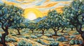 Vivid Dreamscapes: Olive Trees At Sunset - Commissioned Painting In The Style Of Patrick Brown