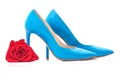 A blue pair of women`s heel shoes with red rose isolated on white background Royalty Free Stock Photo