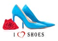 A blue pair of women`s heel shoes with red rose isolated on white background and Text I love shoes Royalty Free Stock Photo