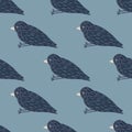 Blue palette seamless pattern with simple birds ornament. Cartoon animal flying print