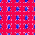 Blue Palm print recognition icon isolated seamless pattern on red background. Biometric hand scan. Fingerprint Royalty Free Stock Photo