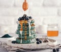 Blue pancakes with spirulina