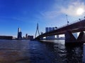 Blue panorama of the Erasmus bridge from Rotterdam on the river