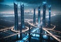 Blue panoramic city on black background, technology city connection Royalty Free Stock Photo