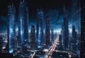 Blue panoramic city on black background, technology city connection Royalty Free Stock Photo