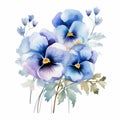 Blue Pansies Watercolor Art Print - Elegant Symmetrical Arrangement Royalty Free Stock Photo