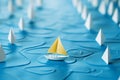 The blue paper boat guides a fleet of pristine white vessels Royalty Free Stock Photo