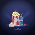 Blue Paper cup with Pepsi splash and falling Popcorn in box isolat