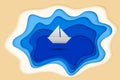 Blue paper cut lake and paper ship isolated on white background. Vector illustration. Royalty Free Stock Photo