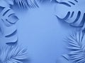 Blue Paper Cut Tropical Leaves Frame on a Blue Background with Copy Space Royalty Free Stock Photo