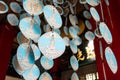 Blue paper decorations in buddhist temple in Nagasaki, Japan.