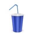 Blue paper disposable cup with lid and drinking straw for cold beverage -soda, ice tea or cocktail, Realistic packaging mockup