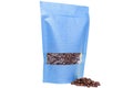 Blue paper doypack stand up coffee pouch with window zipper, plain, filled with coffee beans on white background Royalty Free Stock Photo