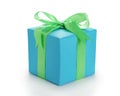 Blue paper giftbox with green ribbon bow isolated