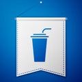 Blue Paper glass with drinking straw and water icon isolated on blue background. Soda drink glass. Fresh cold beverage Royalty Free Stock Photo