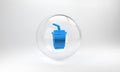 Blue Paper glass with drinking straw and water icon isolated on grey background. Soda drink glass. Fresh cold beverage Royalty Free Stock Photo