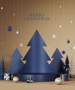 Blue paper pine trees with empty stage for product presentation. Christmas mockup beige background with empty dark blue podium